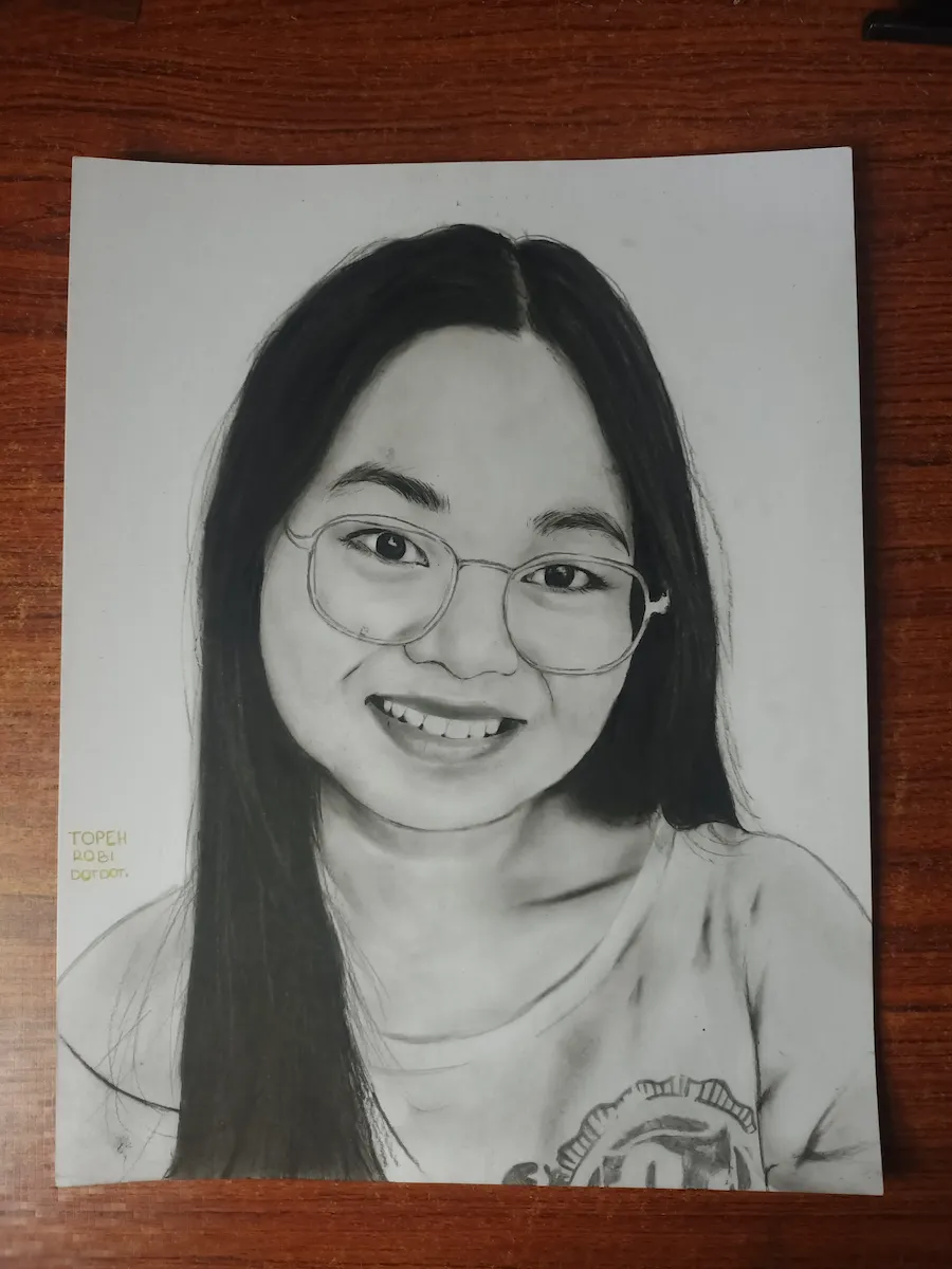 Realistic charcoal pencil portrait of Leana, by TOPEH — hand-drawn on letter-size paper