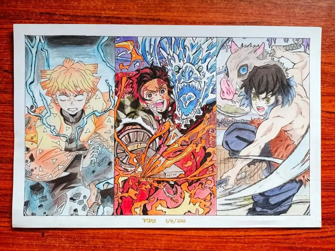 Colored pencil Demon Slayer Kimetsu no Yaiba fan art illustration by TOPEH — traditional hand-drawn artwork